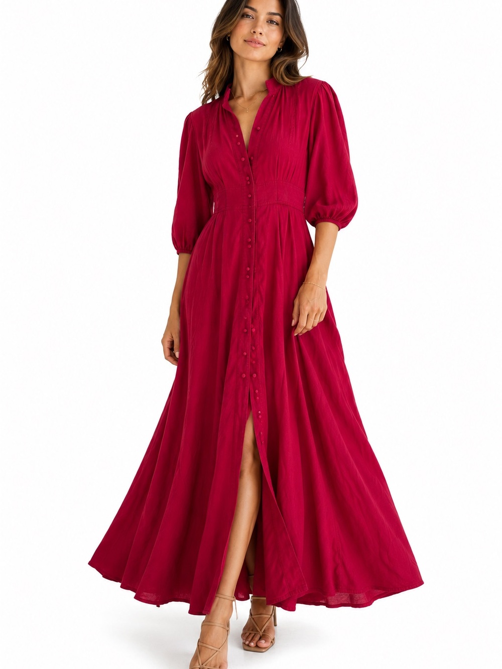 Button-Front Maxi Dress in Raspberry Red